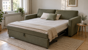 Ausgezogene Schlafcouch in einem hellen Wohnzimmer