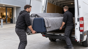 Zwei Helfer verladen eine Schlafcouch am Möbelhaus