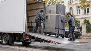 Helfer verladen einen geschützten Side-by-Side-Kühlschrank