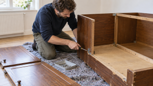 Ein Helfer zerlegt einen alten Holzschrank