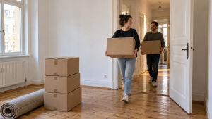 Zwei Personen tragen Umzugskartons durch eine Wohnung