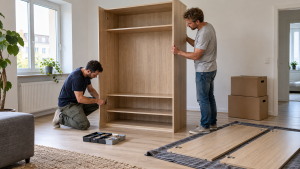 Zwei Helfer bauen einen Kleiderschrank auf