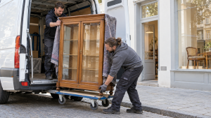 Helfer laden eine gebrauchte Vitrine vor einem Gebrauchtmöbelladen aus