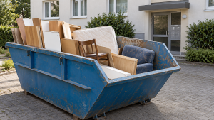 Sperrmüllcontainer mit alten Möbeln vor einem Wohnhaus